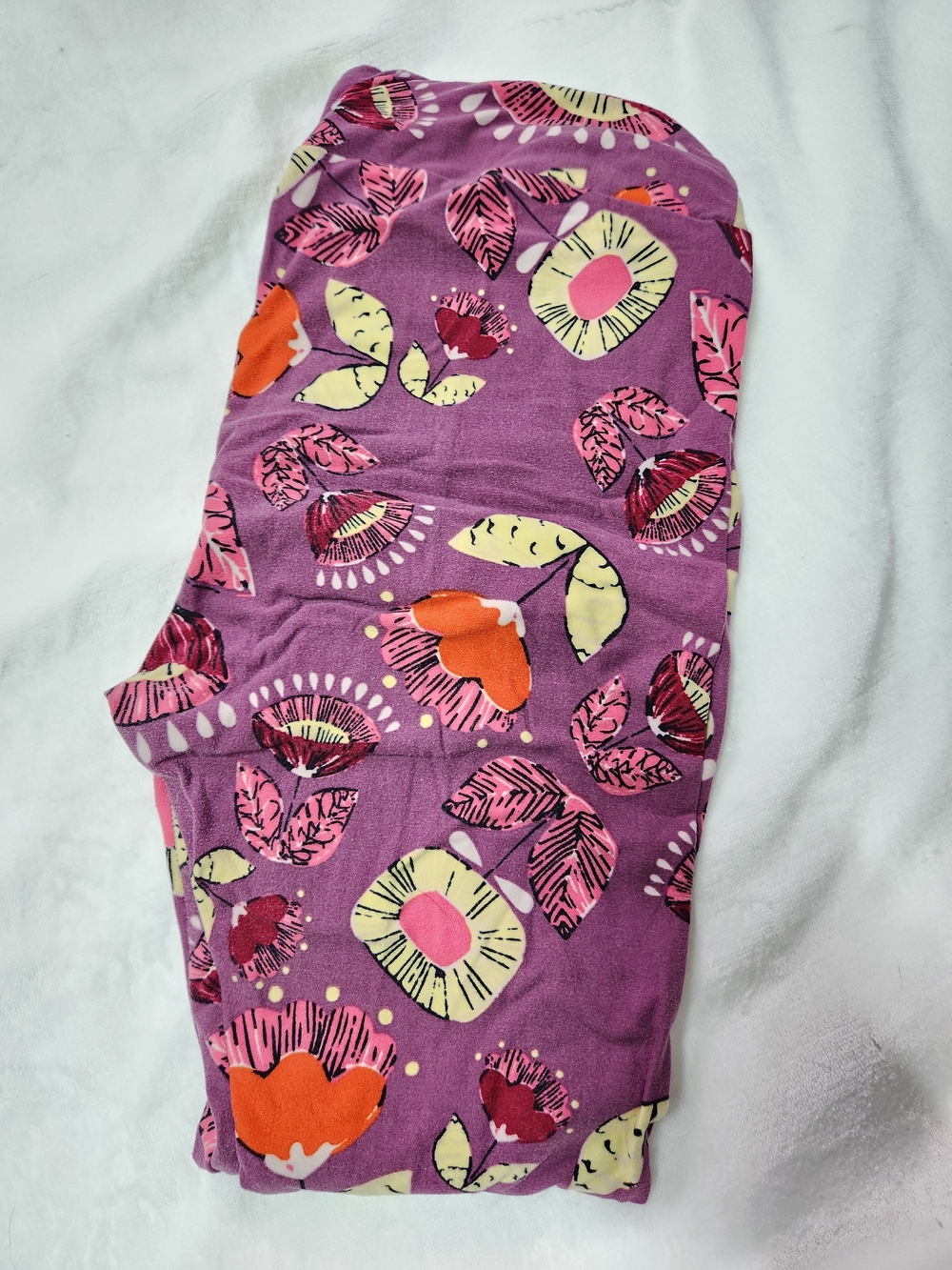LuLaRoe TC Purple Floral Leggings with Orange & Pink Accents